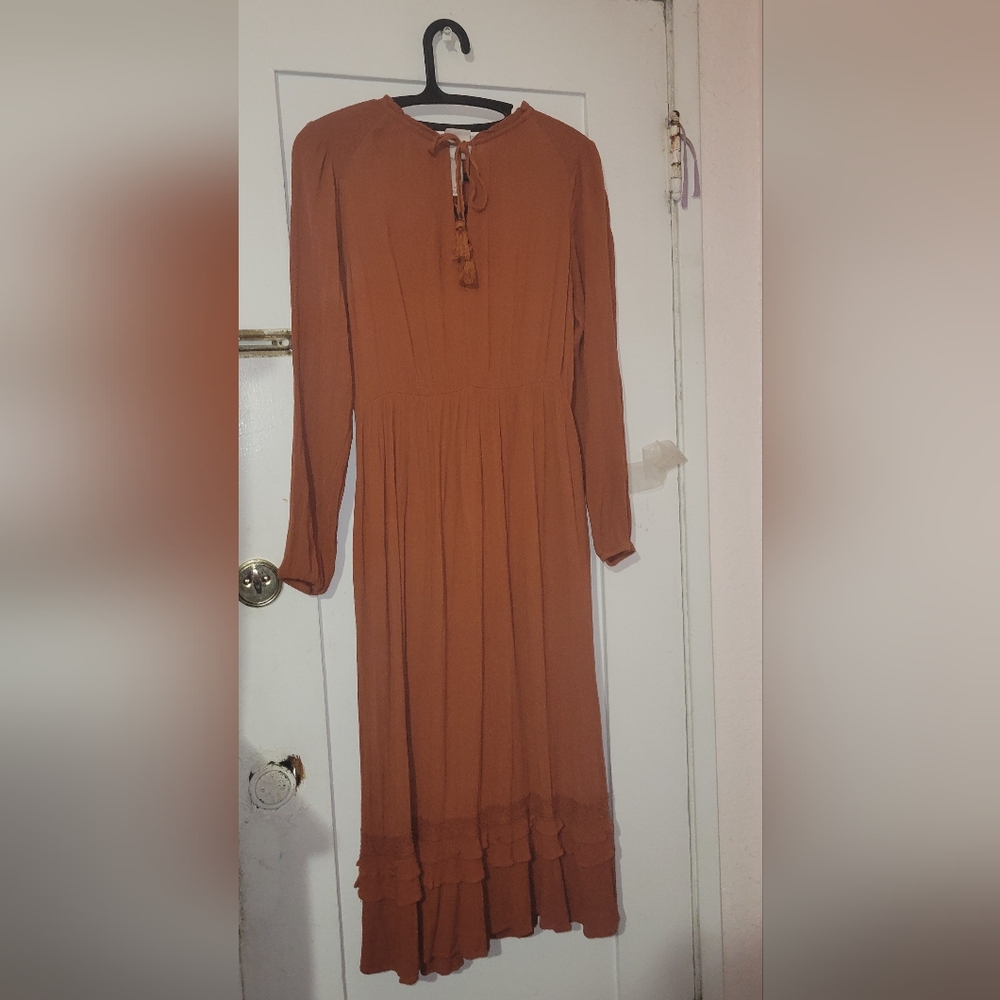 Knox Rose Boho Ruffle Long Sleeve Midi Dress Rust Burnt Orange Prairie Size XS